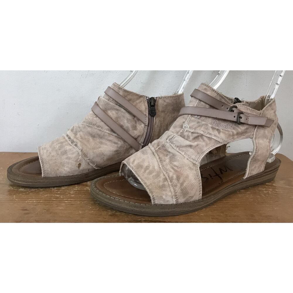 Anthropologie Blowfish Malibu Pink Denim Jean Fabric Leather Strap Sandals 8
